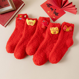 Year of the Snake Benmingnian Red Socks Women's Gift Box Coral Fleece Mid-Socks Winter fleece-lined Thickened Snake Big Red Men