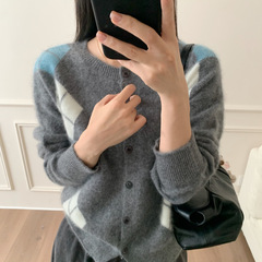 25秋冬季女装羊毛衫韩系百搭复古菱格慵懒感羊绒拉毛针织开衫毛衣