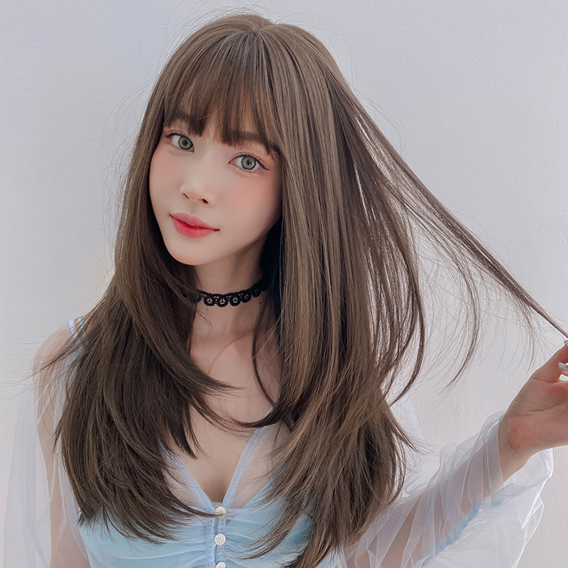 Wig for Women with Long Hair, Long Straight Hair, Inner Button Air Bangs, Full Hair Cover, Elegant Face-Shaping Full Head Cover