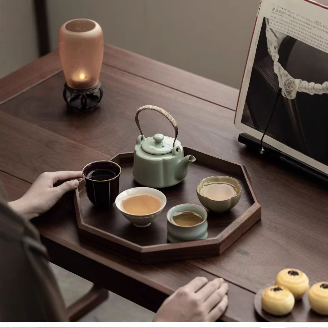 bandeja de color nuez hogar plato de té octogonal taza de té restaurante bandeja de almacenamiento de té bandeja de madera maciza