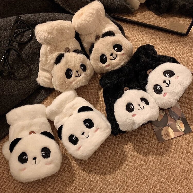 可爱熊猫毛绒半指翻盖手套女冬季保暖加绒加厚学生触屏写字防寒冻|undefined