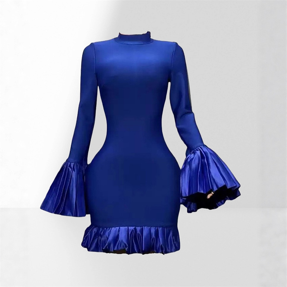 Independent Station Cross-Border 3-Color Fashion Bell-Sleeved Ruffled Skirt Short Dress Elegant Party Bandage Dress