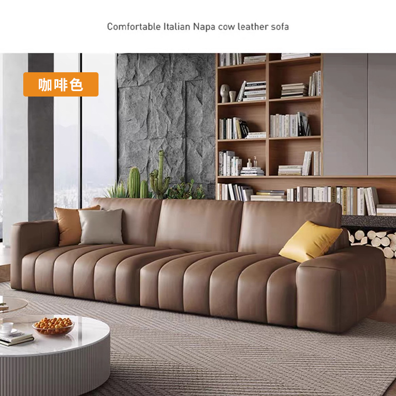 Estilo italiano Luz de lujo estilo crema primera capa de sofá de piel de vaca apartamento grande y pequeño abajo esponja suave cubierta de acero piano clave sofá de cuero
