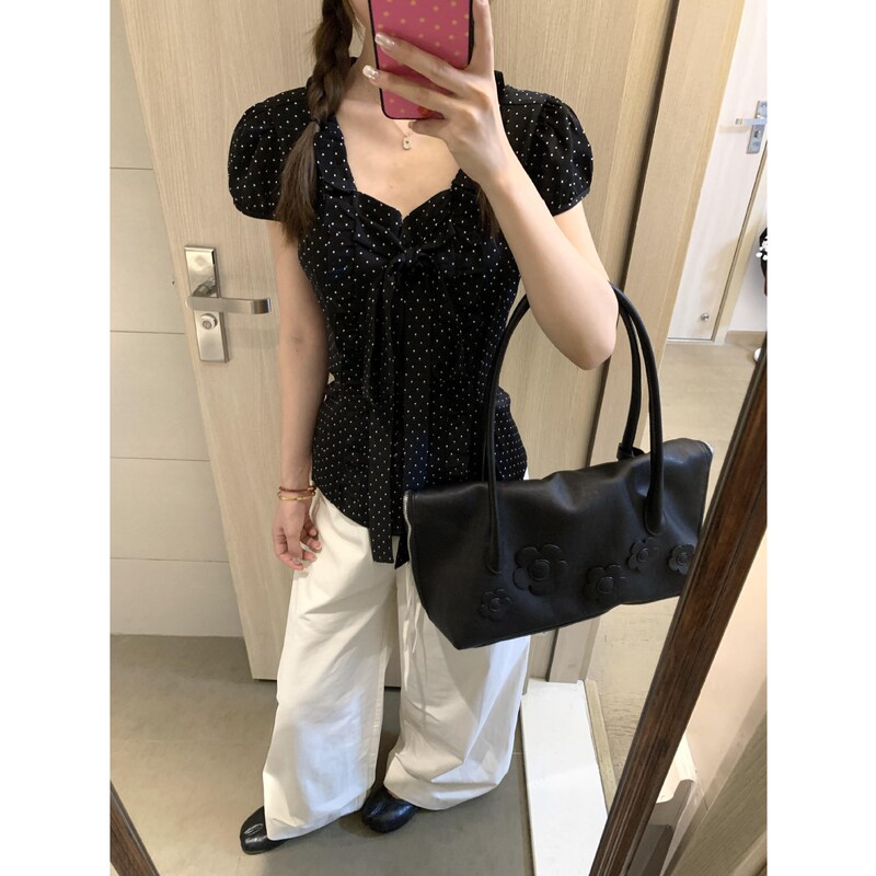 法式复古波点蝴蝶结短袖衬衫女夏季设计感小众修身显瘦泡泡袖上衣|undefined