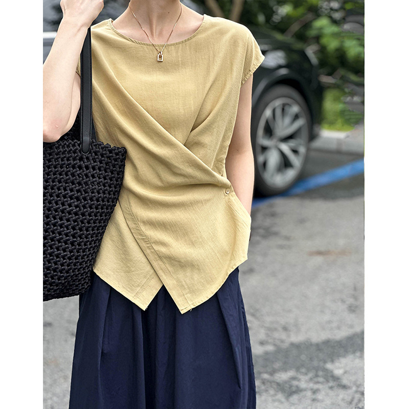 Juzhi Yulun 2026 Summer Top Casual Chic Asymmetrical Short-Sleeved Cross Vest Shirt for Women 5580