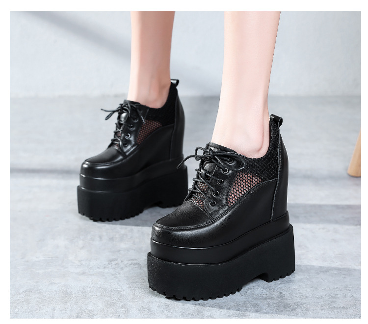 Giày sneaker nữ đế dày tăng chiều cao 16 cm, dây buộc, lưới thoáng khí — màu đen chi tiết 6