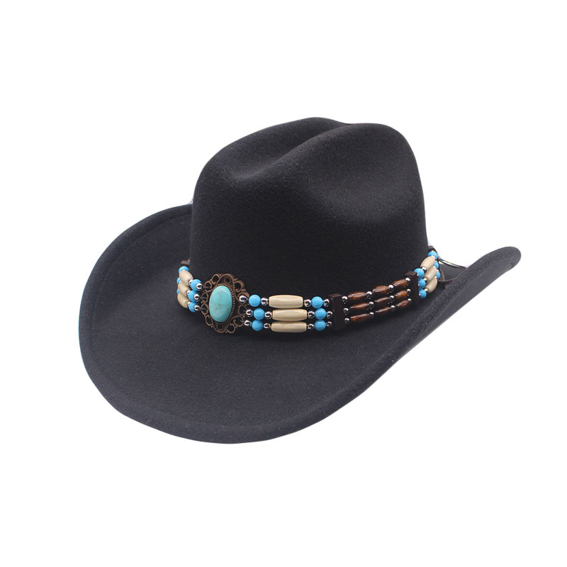 Cross-border new Western cowboy hat black woolen Jazz hat men and women ethnic style autumn and winter felt hat big brim hat