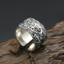 S925纯银精工打造貔貅开口男士戒指复古做旧泰银饰品食指戒女指环