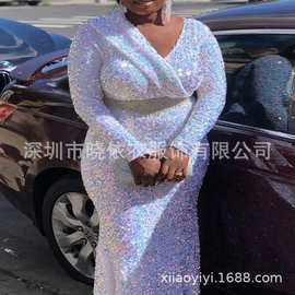 亚马逊速卖通外贸欧美秋冬通勤中腰大码亮片连衣裙晚礼服时尚气质