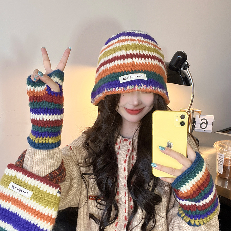 Autumn Winter New Warm Knitted Retro Rainbow Wool Korean Ins Trend Bag Gloves Hat Three-piece Set_voghion.com