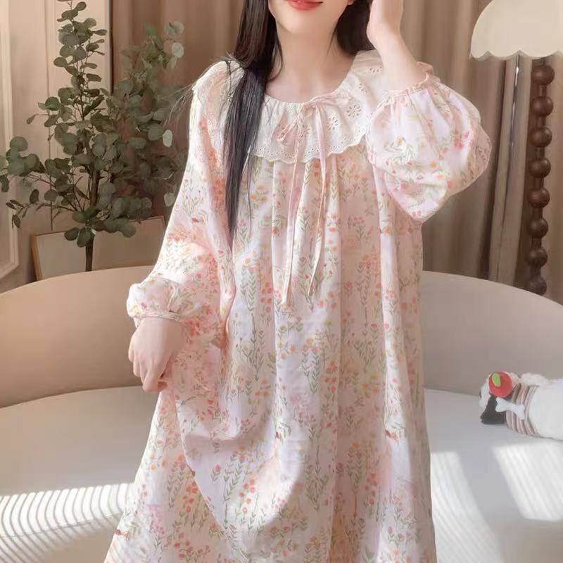 Cloud Cotton Dress Pajamas for Women, Spring and Autumn Sweet Mid-Length Lace Trim New Nightgown Home Wear That Can Be Worn Outside