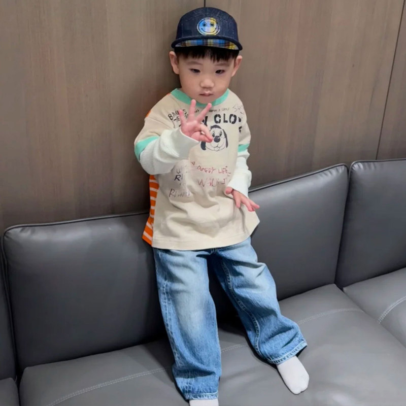 男童长袖T恤儿童春秋装2025新款假两件打底衫女宝宝薄款字母上衣3|undefined