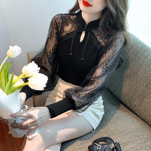 法式复古盘扣T恤女2025春秋新款蕾丝拼接立领小衫设计感小众上衣|undefined