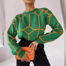 欧美跨境外贸女装毛衣秋冬圆领长袖针织衫几何线条提花针织上衣女