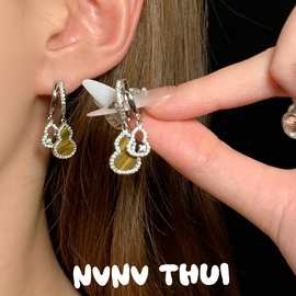 珠宝 双粉贝母葫芦宝石耳环 新中式 虎眼石闪钻福禄耳坠组合