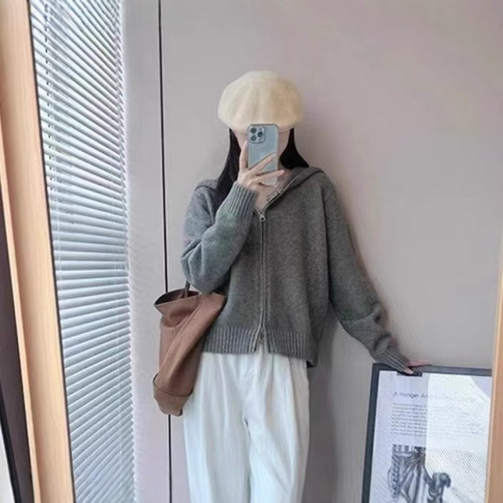 KANING Solid Color Lazy Style Hooded Cardigan Women's 2024 Autumn New Double Zip Knitted Sweater Coat Women