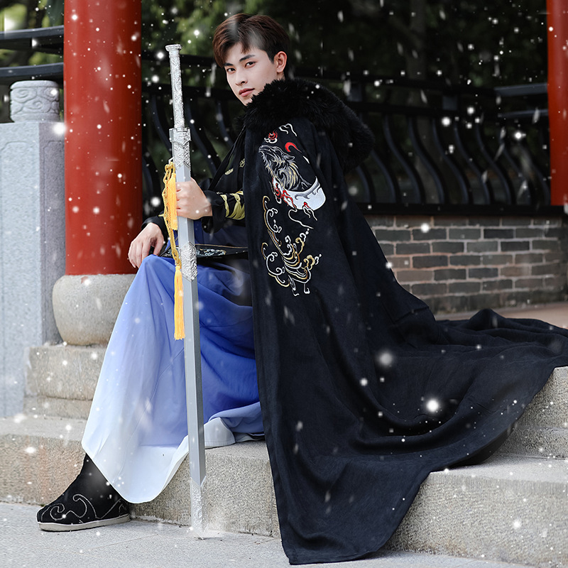 Autumn and Winter New Style Cloak Hanfu Men's Dragon Competition Cloak Long fleece-lined Thickened Hooded Cloak Ancient Coat Men's Coat