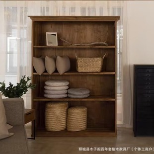 Chinese Zen Old Elm Open Locker Solid Wood Floor-Standing Cabinet Hotel Bed and Breakfast Screen Partition Bookshelf