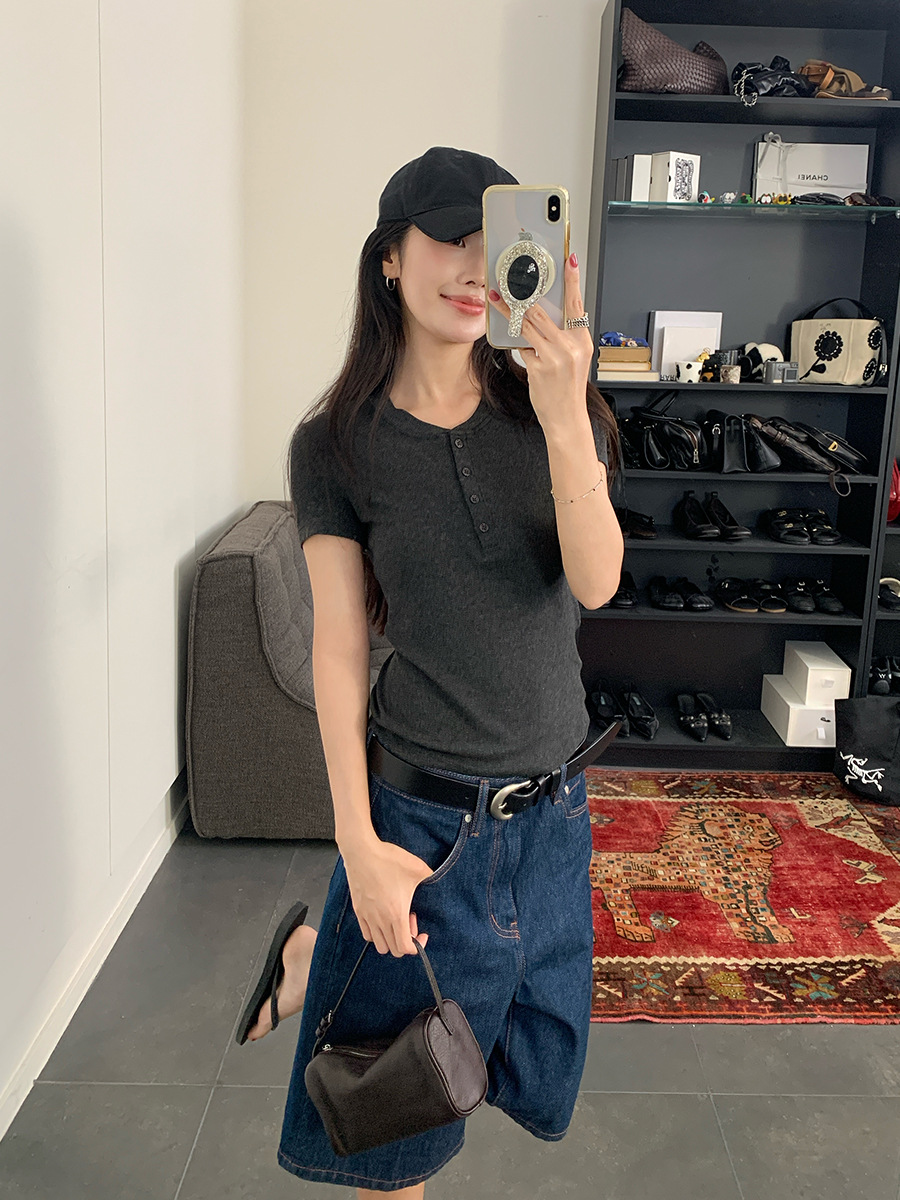 楠涛ウールヘンリーカラー半袖スリムフィット伸縮性Tシャツレディース2025新作薄手若見えインナーウェア