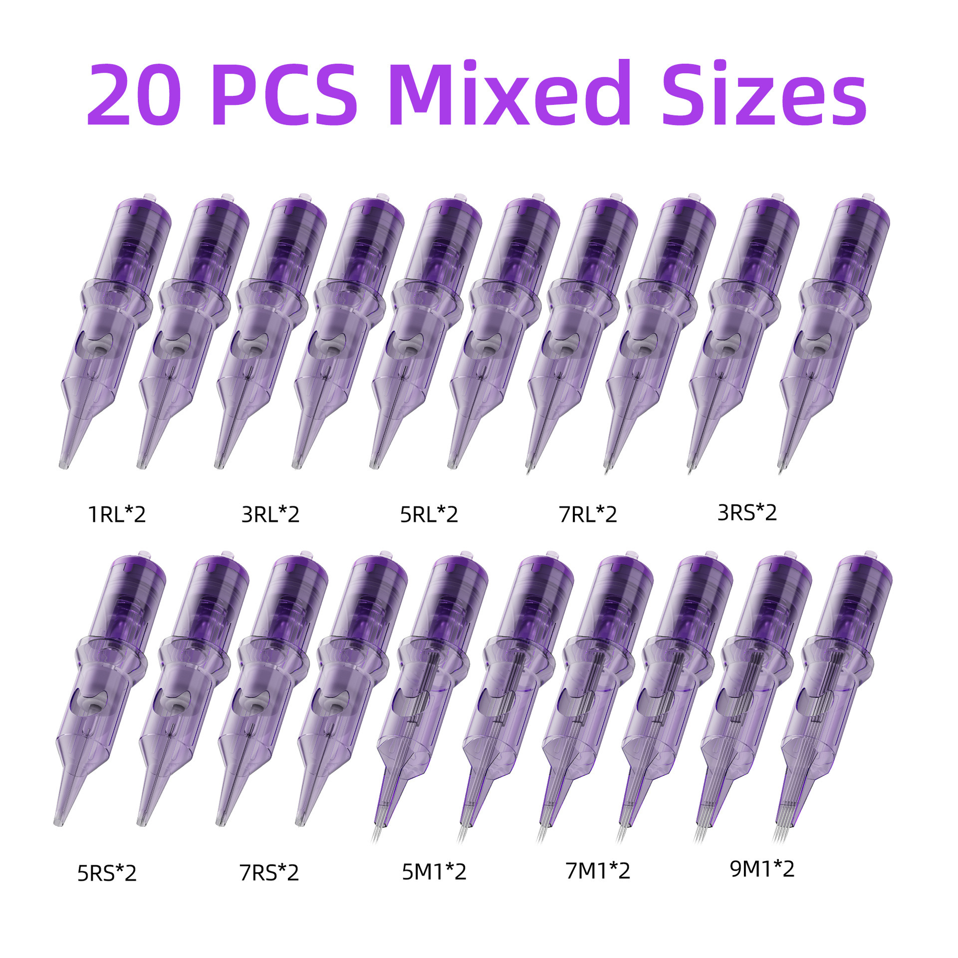 보라색 초승달 일체형 문신 바늘 20개 혼합 팩