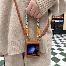 适用三星ZFlip5斜挎手机皮套荔枝纹zflip4手机链防摔保护套gaxyla