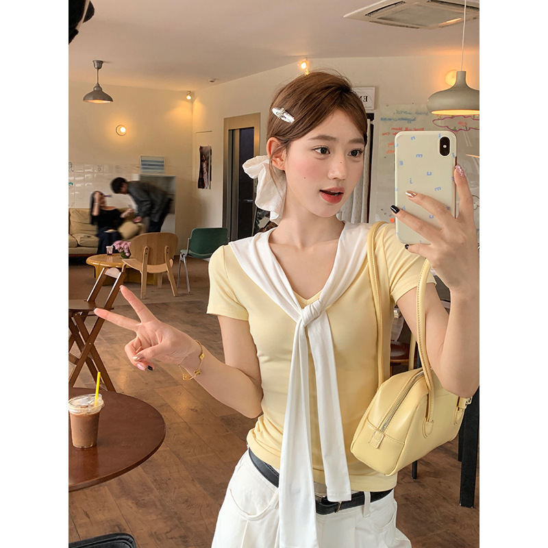 宋正恩藏蓝色正肩V领短袖t恤女夏日韩系独特显瘦海军领设计感上衣|undefined