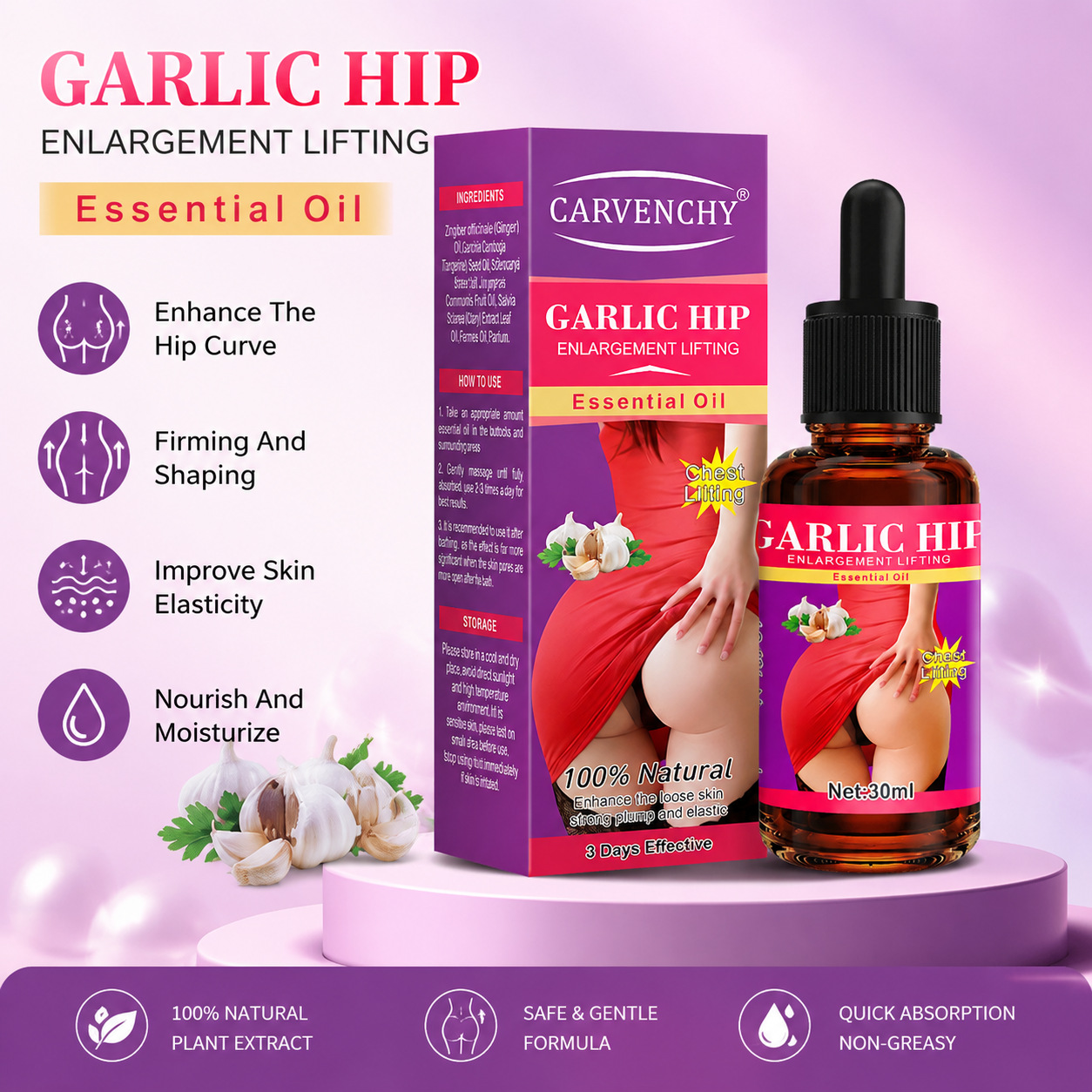 Massageoil Garlic Butt Lifting Essential Oil Firms Curves, Lifts, Tightens, Moisturizes, Lifts and Tightens Beautiful Buttocks