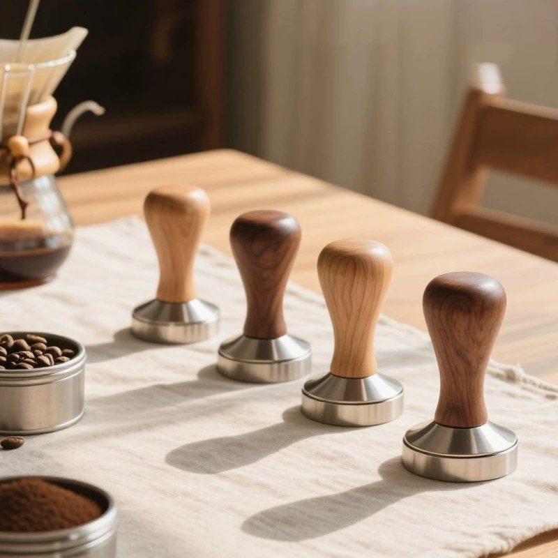 Тампер для кофе с ручкой из массива дерева, тампер из нержавеющей стали 304, инструмент для распределения кофе, оптовая продажа аксессуаров для кофемашин от производителя.