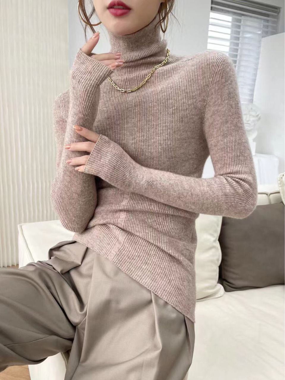 Dui Dui neck wool sweater for women, 100% pure wool base layer, high neck seamless one-piece ready-to-wear, two-wear slim sweater pic 7