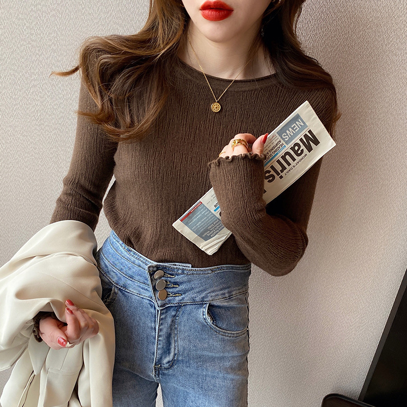 白色针织打底衫女2025秋冬新款内搭修身毛衣设计感木耳边长袖上衣|undefined