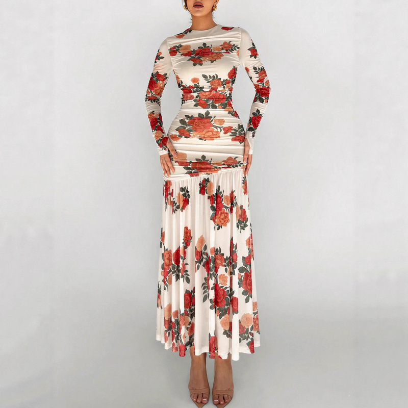 Cross-Border Export 2025 New Women's Sexy Floral Print Mesh Mini Dress Elegant Long-Sleeved Dress