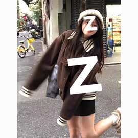 美式复古棒球服女美拉德字母翻领夹克外套宽松上衣潮