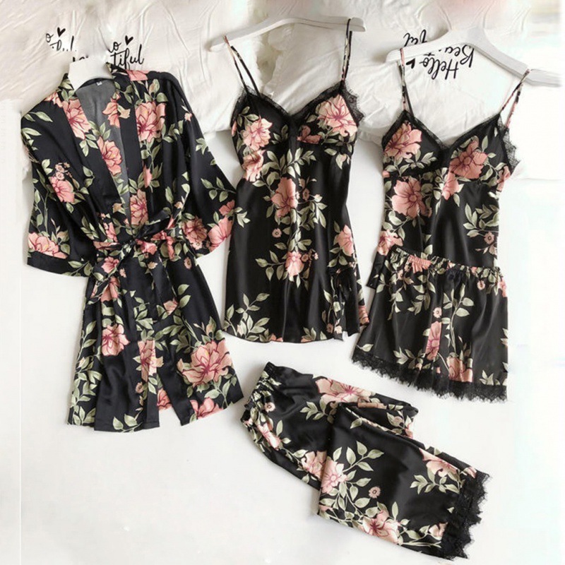 Printed five-piece pajamas manufacturers wholesale comfortable lace home clothing underwear nightgown ladies imitation suspenders sleep loose