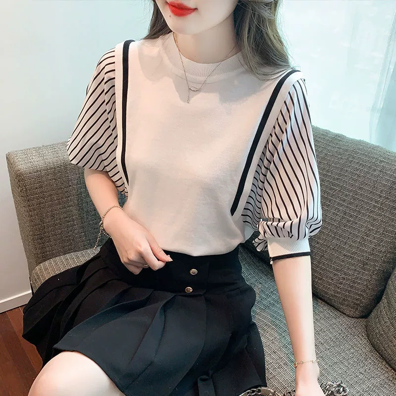 Оптовая продажа, женская рубашка с короткими рукавами, трикотаж из ледяного шелка, ранняя осень, полосатая однотонная нижняя рубашка, обработка небольших партий и индивидуальный заказ