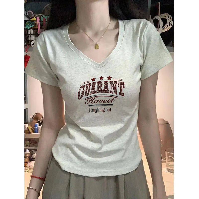 正肩V领短袖修身女装T恤夏季ins新款显瘦美式设计辣妹上衣学生潮