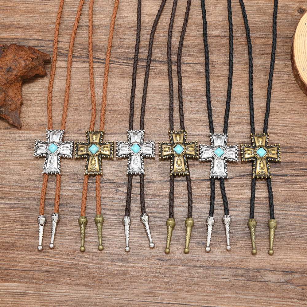 复古民族风十字架绿松石波洛领结男女通用编织皮绳项链饰品