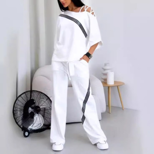 Cross-border new 2024 autumn new fashion off-shoulder loose short-sleeved sweatshirt and casual pants two-piece sports suit