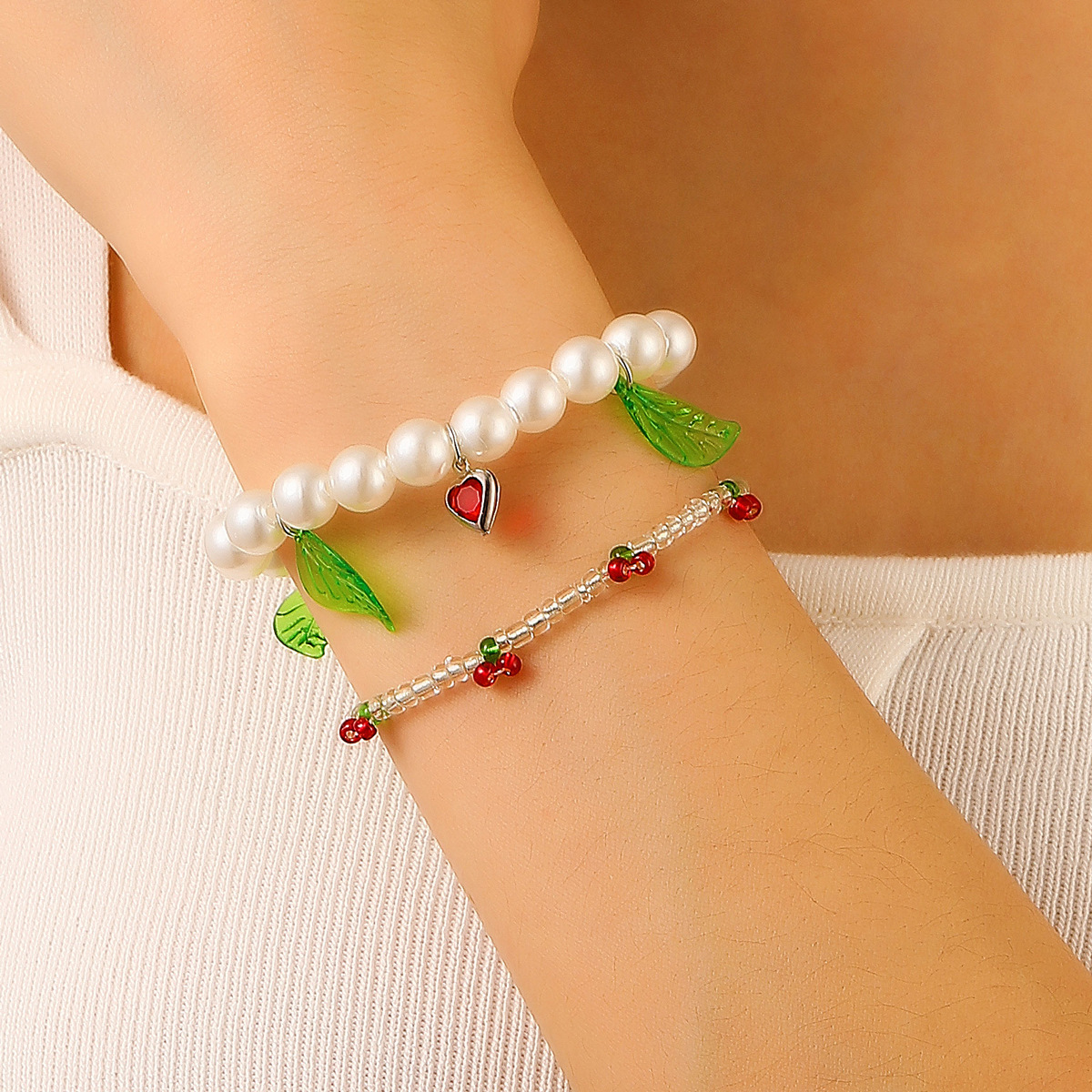 1 Piece Quantity IG Style Sweet Leaves Cherry Imitation Pearl Alloy Seed Bead Beaded Chain Beaded Bracelets Wholesale