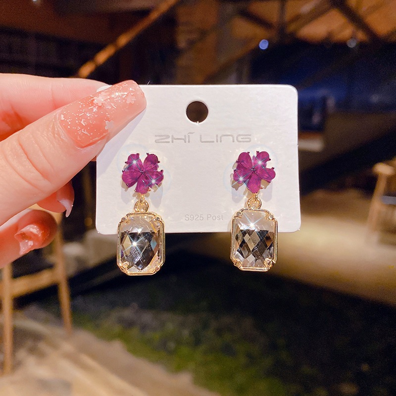 Drop Earrings Classification 1 Pair Quantity 1 Pair Sweet Square Flower Inlay Alloy Artificial Crystal Drop Earrings