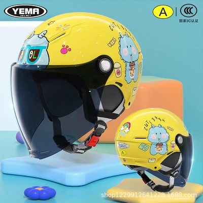 Motosiklet kaskı (dəbilqə): 3C Certified Mustang Kidsren's Helmet - four-seasons-lemon-yellow-little-dinosaur-dark-blue-long-mirror