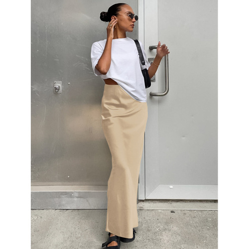 2025 Spring/Summer New Satin Ice Silk Skirt European and American Style Casual Cross-border Skirt Long Black Bodycon Skirt for Women