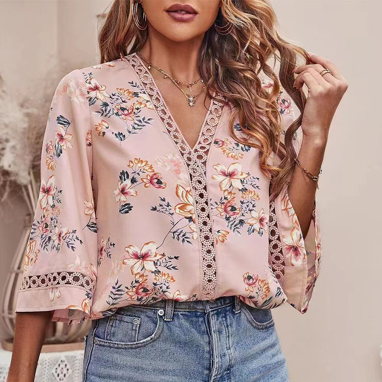 Women's Loose Fit V Neck Flared Sleeve Lace Chiffon Blouse – Casual Office Elegant Summer Top 2026_ecoleips.com
