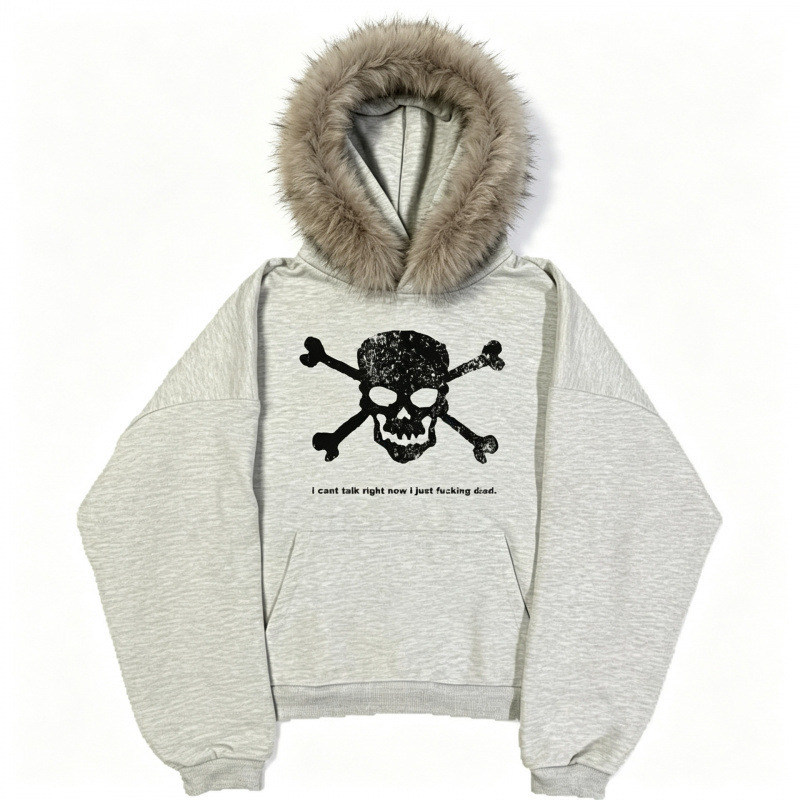 Cross-border trendy brand printed loose-fitting zip-up sweatshirt with large fur collar, Y2K hip-hop street style unisex pullover casual top