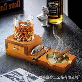跨境木质雪茄烟灰缸带小抽屉威士忌杯托托盘办公室置放杯子烟灰缸