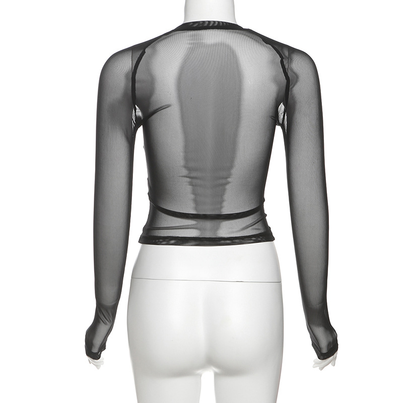 Spring Women Clothing Sexy Sexy round Neck Printed Mesh See through Slim Fit Cropped T shirt