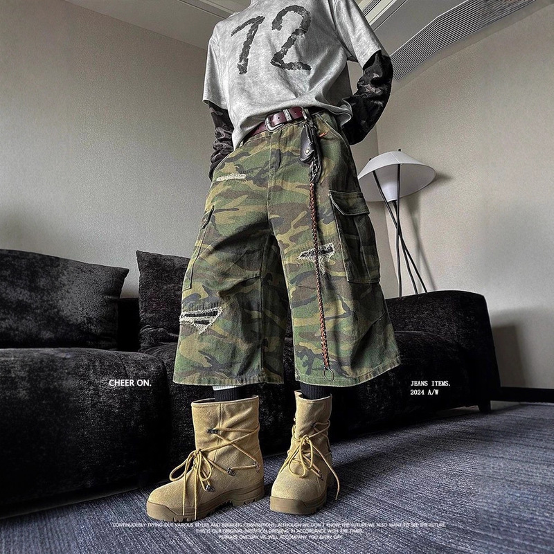 2026 New American Retro Denim Cropped Pants Summer Cool Wide-Leg High Street Style Niche 2026 Spring and Autumn Season