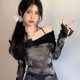 Official Picture Real Price Sweet Cool Sexy One-Shoulder Spring & Fall Long-Sleeved Short T-Shirt Top Female Chic Halter Mesh Blouse