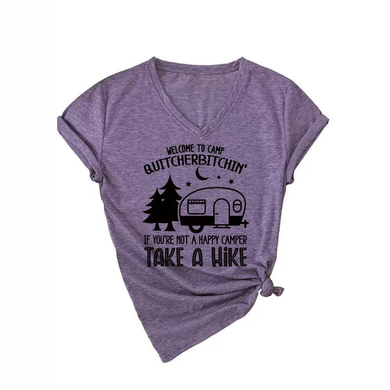 European and American New V-neck Casual T-shirt welcome to camp quitcherbitchin Summer Women's Short Sleeve