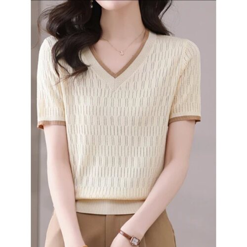 Women's Summer 2025 Loose and Slimming Breathable V-Neck Knit Short-Sleeve T-Shirt, Stylish Mother's Day Top