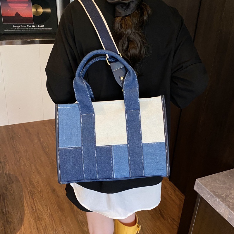 Bolso Tote de moda coreana 2025 nuevo bolso de mezclilla con costuras en contraste bolso de hombro bolso de mensajero de gran capacidad mujer